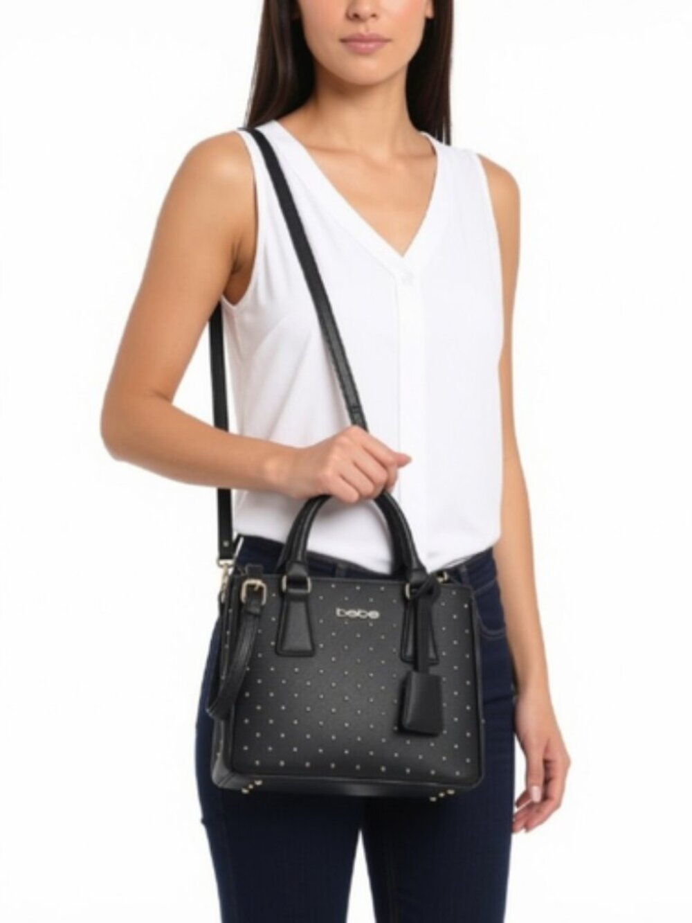 Women's Sagan Studded Small Satchel Bag, Adjustable Shoulder Strap Zip Closure